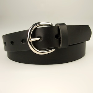Black Leather Belt Full Grain Leather - Silver Tone Solid Brass Buckle 1 3/16 " Wide (3cm) Made In UK