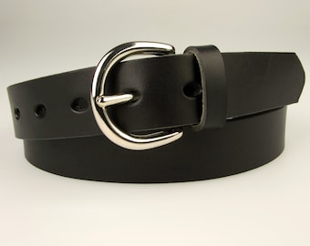 Black Leather Belt Full Grain Leather - Silver Tone Solid Brass Buckle 1 3/16 " Wide (3cm) Made In UK