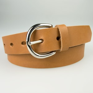 Light Tan Leather Belt Full Grain Leather - Silver Tone Solid Brass Buckle 1 3/16 &quot; Wide (3cm) Made In UK