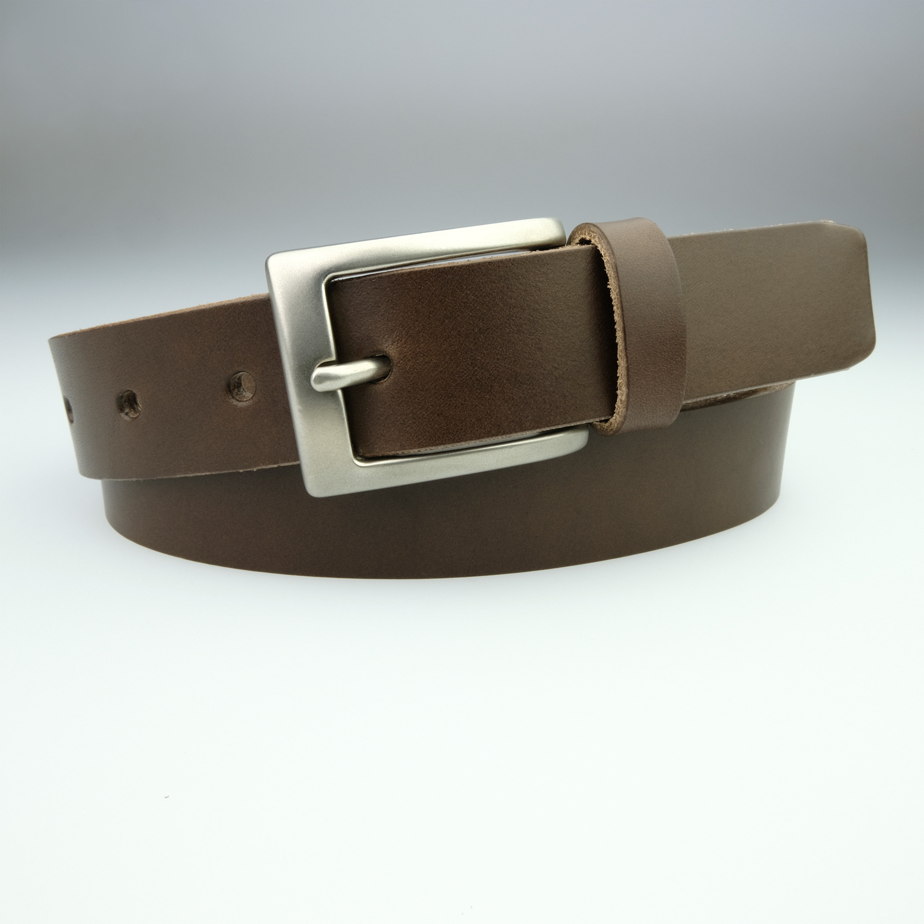 Dark Brown Leather Belt: Vegetable Tanned, Matt Nickel Buckle, Made In UK