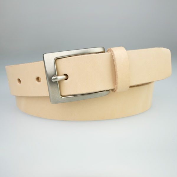 Natural Leather Belt - No Dyes - Raw Edge Full Grain Vegetable Tanned Leather - Matt Nickel Buckle - Made In UK