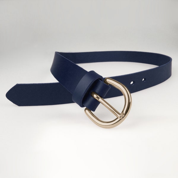 Navy Leather Belt - Shiny Solid Brass Buckle - Full Grain Leather - 1 3/16 " Wide (3cm) Made In UK