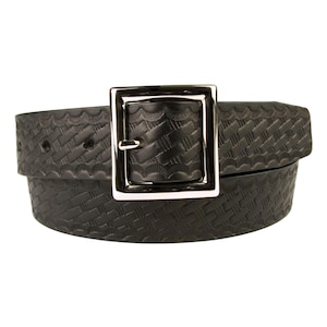 Black Leather Garrison Belt: Embossed Basket Weave, Nickel Buckle, Made in UK