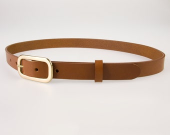 Tan Skinny Belt 3/4 inch wide (2cm) - Full Grain Veg Tan Leather - Hand Brushed Solid Brass Buckle  Made In UK - Cinch | Dress | Jeans Belt