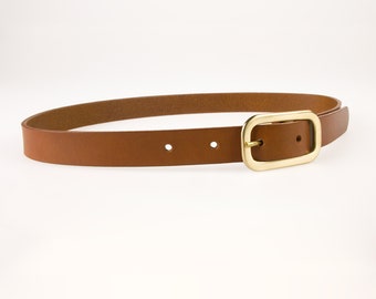 Tan Skinny Belt 3/4 inch wide (2cm) - Full Grain Veg Tan Leather - Hand Brushed Solid Brass Buckle  Made In UK - Cinch | Dress | Jeans Belt