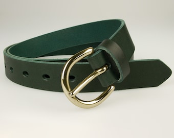 Green Leather Belt - Solid Brass Buckle -Full Grain Leather - 1 3/16 " Wide (3cm) Made In UK