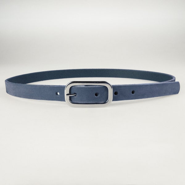 Mid Blue Skinny Belt 3/4 inch wide (2cm) - Veg Tan Nubuck - Silver Tone Solid Brass Buckle  Made In UK - Cinch | Dress | Jeans Belt