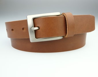 Tan Leather Belt - Raw Edge Vegetable Tanned Leather - Matt Nickel Buckle - Made In UK