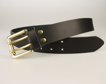 Black Full Grain Leather Jeans Belt - Heavy Duty Double Prong Solid Brass Roller Buckle - 4cm Wide (1.57 Inch)  Made In UK