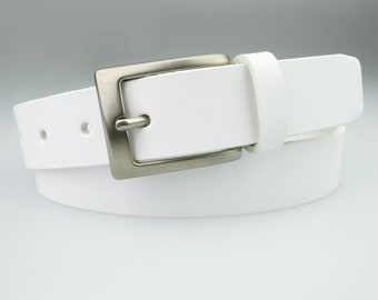 White Leather Belt - Full Grain Vegetable Tanned Leather - Matt Nickel Buckle - Made In UK