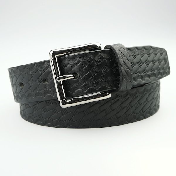 Black Basketweave Leather Belt With Shiny Silver Colour Solid Brass Roller Buckle Italian Full Grain Leather Made In UK