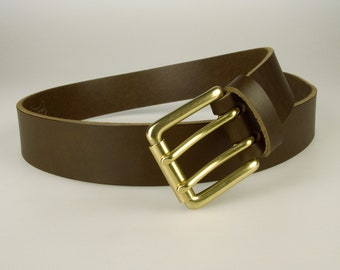 Full Grain Leather Jeans Belt - Heavy Duty Double Prong Solid Brass Roller Buckle - Dark Brown - 4cm Wide (1.57 Inch)  Made In UK