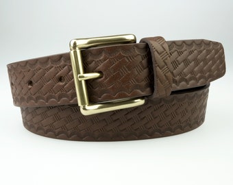 Brown Leather Belt With Basket Weave Embossed Pattern Made In UK. Italian Solid Brass Roller Buckle.  Full Grain Italian Veg Tan Leather.