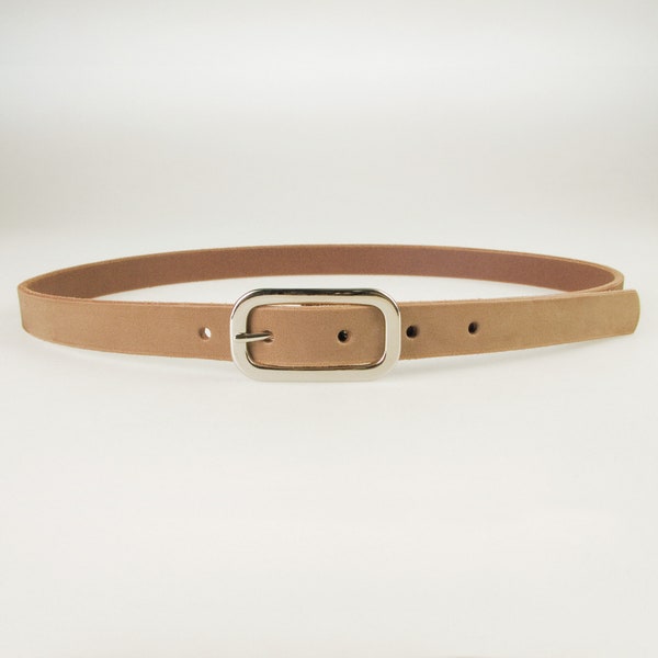 Camel Colour Skinny Belt 3/4 inch wide (2cm) - Veg Tan Nubuck - Silver Tone Solid Brass Buckle  Made In UK - Cinch | Dress | Jeans Belt