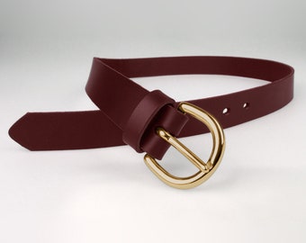 Burgundy Leather Belt - Shiny Solid Brass Buckle - Full Grain Leather - 1 3/16 " Wide (3cm) Made In UK