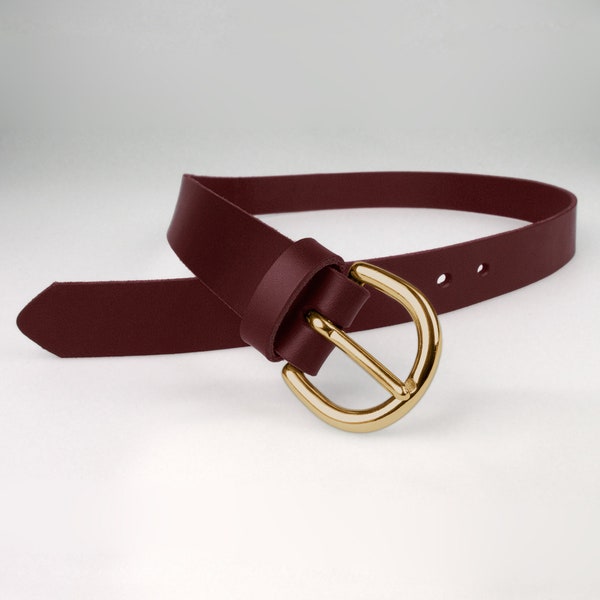 Burgundy Leather Belt - Shiny Solid Brass Buckle - Full Grain Leather - 1 3/16 " Wide (3cm) Made In UK