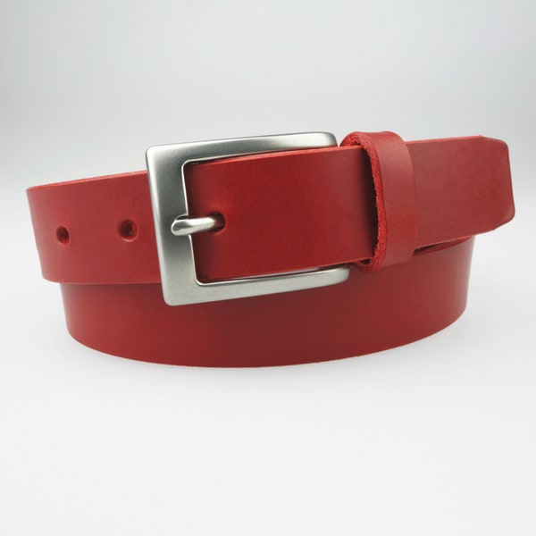 Red Leather Belt - Full Grain Vegetable Tanned Leather - Matt Nickel Buckle - Made In UK