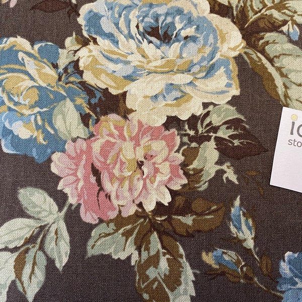 0.5 m Kokka - robust linen/cotton fabric - Flowers - dark brown - Canvas