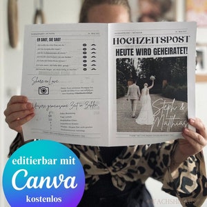 Bruiloftskrantsjabloon met foto, huwelijkskrant, huwelijksprogramma, huwelijkspost, bewerkbare Duitse Canva-sjabloon, Canva-sjabloon
