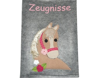 Certificate folder with name horse head - document folder, horse, school enrollment, start of school. with name, felt, certificate folder pony horse girl