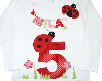 Verjaardagsshirt - lieveheersbeestje - kinderfeestje, kinderverjaardag, met naam, nummer, kindershirt, meisjesshirt, trui, T-shirt, rood, gelukskever
