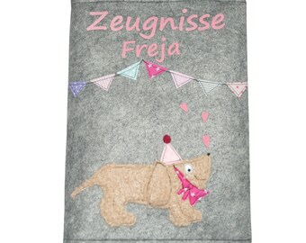 Certificate folder personalized from felt- dog- certificate folder girl back to school with name felt certificate folder name school cone gift dog