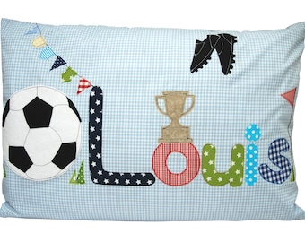 Namenskissen -FUSSBALL NAME - BLAU- Babygeschenk Junge, Geburtsgeschenk, Kissenhülle, Kinderzimmer, Taufe, Kissen mit Namen, Tor, Fußball