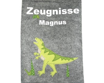 Zeugnismappe mit Namen -T-Rex - Dokumentenmappe, Dinosaurier, Dino, Einschulung, Schulanfang. mit Namen, Filz, Zeugnisordner