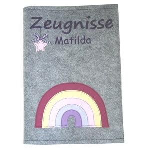 Certificate folder with name - Pink Rainbow - document folder, school enrollment, back to school. With name, felt, certificate folder for girls, personalized