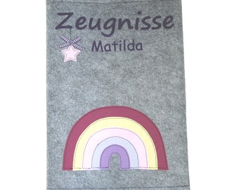 Certificate folder with name - pink rainbow - document folder, school enrollment, start of school. with name, felt, certificate folder