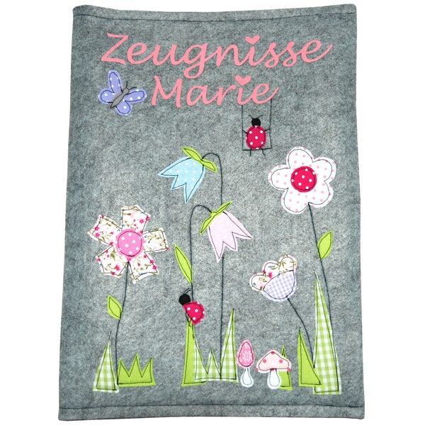 Zeugnismappe mit Namen - Blumenwiese -   Dokumentenmappe  Einschulung Schulanfang personalisiert Filz Mädchen Zeugnisordner Grundschule