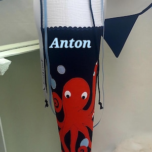 Cône d'école Octopus Kraken Garçons Tissu - Inscription scolaire 2025 Écolier Rentrée scolaire Cône de sucre personnalisé Coussin avec nom Orange fait main