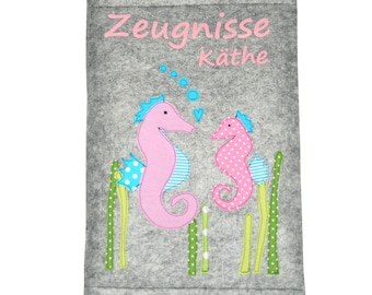 Certificate folder with name - seahorse - document folder, certificate folder, school enrollment, folder felt, with names, sea animals, water, school bag