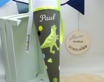 Schoolkegel Dino T-Rex jongensstof - eerste schooldag 2026 schoolkind schoolstart gepersonaliseerd snoepkegelkussen met naam dinosaurus neon
