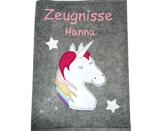 Zeugnismappe mit Namen -Glitzer Einhorn- Dokumentenmappe, Einschulung, Schulanfang, mit Namen, Filz, Zeugnisordner, Einhorn, Glitzer, Sterne