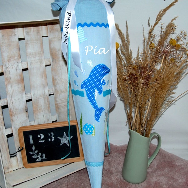 Schultüte Mädchen Delfin - Dolphin Hellblau Einschulung 2024 Schulkind Schulstart Zuckertüte personalisiert Delfinschultüte Mädchen Stoff