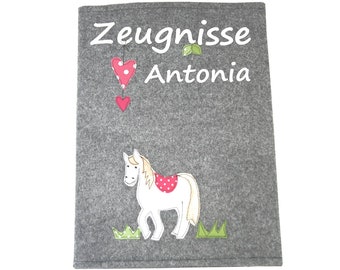 Certificate folder with name - horse - document folder, school enrollment, back to school, with name, felt, certificate folder, school enrollment gift, pony, horse