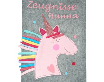 Zeugnismappe mit Namen -Rosa Einhorn- personalisiert personalisierbar a4 Mädchen Zeugnisordner Filz Schulkind Zeugnisse Wunschnamen Geschenk