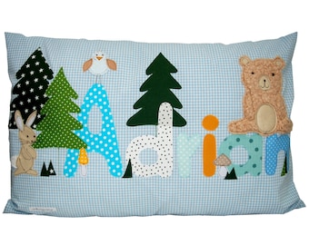 Namenskissen -Waldtiere- Kissen mit Namen, Bär, Kissen Geburt, Baby Kissenhülle, Kissen personalisiert, Kuschelkissen, Kinderkissen, Hase