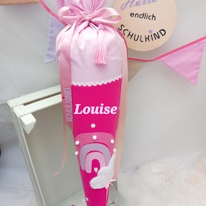 Cône d'école arc-en-ciel rose fille tissu - inscription scolaire 2025 écolier rentrée scolaire cône de sucre oreiller personnalisé avec nom