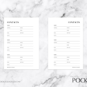 Pocket PRINTABLE Contacts Planner Insert
