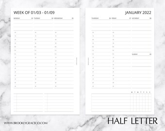 Half Letter PRINTABLE 2022 Weekly Hourly with Tasks Planner Insert