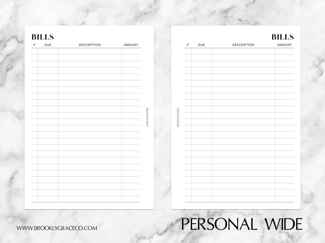 Personal Wide PRINTABLE Bill Tracker Planner Insert NEW - Etsy