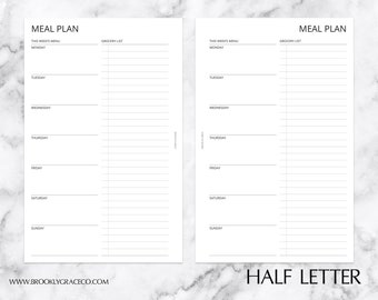 Half Letter PRINTABLE Meal Plan Planner Insert