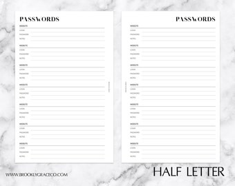 Half Letter PRINTABLE Password Tracker Planner Insert