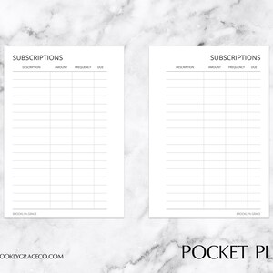 Pocket Plus PRINTABLE Subscription Tracker Planner Insert