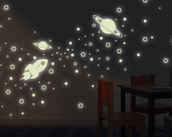 Wall sticker luminous sticker space luminous stars rocket planets fluorescent self-adhesive stars glow in the dark children's room bsm056