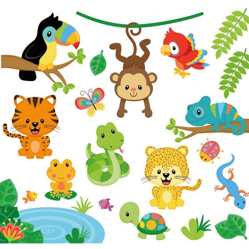 Wall sticker rainforest nursery wall decal wall decal parrot monkey bird tiger chameleon snake cheetah lizard turtle bsm-B3