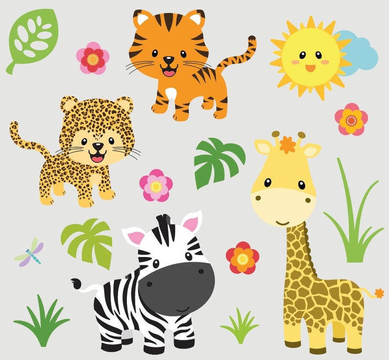 Wall sticker safari jungle children's room wall sticker set cute zoo animals baby giraffe zebra tiger leopard bsm-LB25 image 1