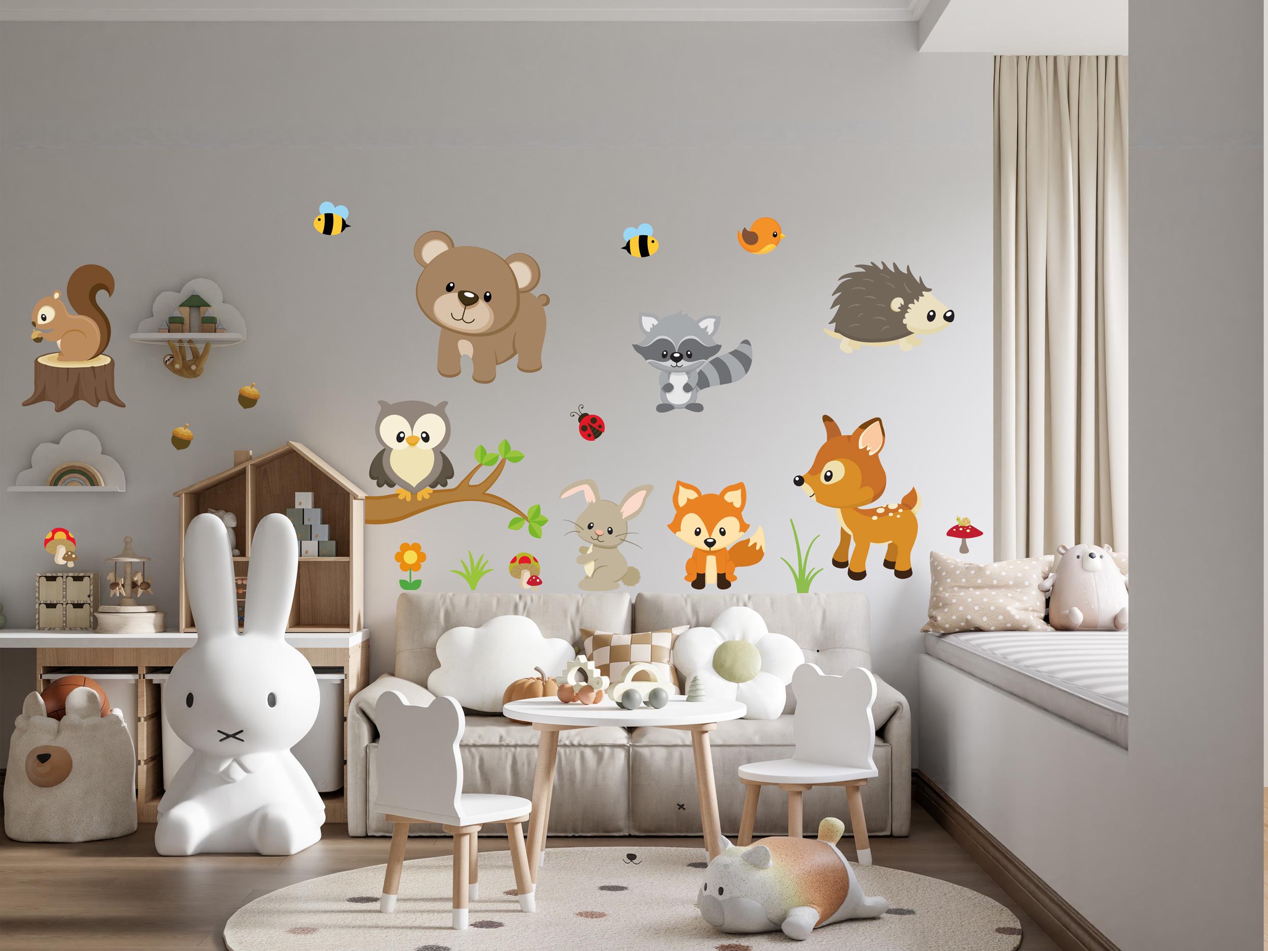Adesivi Murali Animali Del Bosco Per Cameretta – Acquerello Con Volpe, Cervo, Orso E Procione, Tema Natura 110x60 Cm
